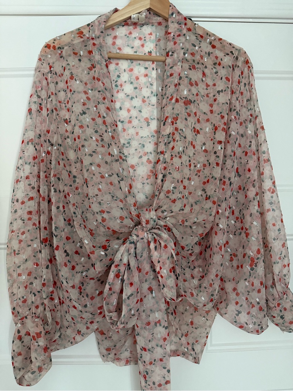 Pilcro/Anthropologie Sheer Blush Pink Floral Tie-Front Blouse